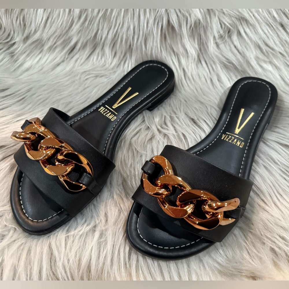 Vizzano Black Slides with Gold Chain